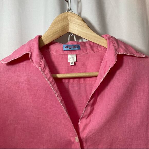 Acrobat Pink Linen 3/4 Sleeve Open Collar Button Up Blouse Shirt Top - Picture 3 of 7
